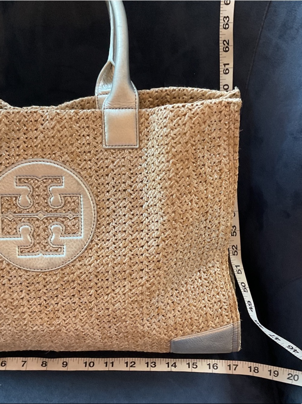 Tory Burch Tan Raffia Tote with Silver Leather Trim - Picture 8 of 10